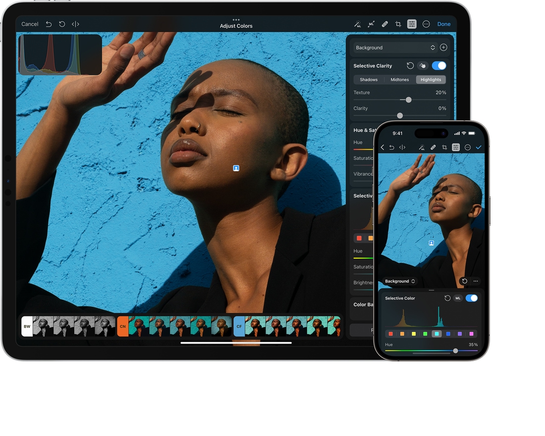 Интерфейс Photomator на iPad и iPhone с цветовыми корректировками