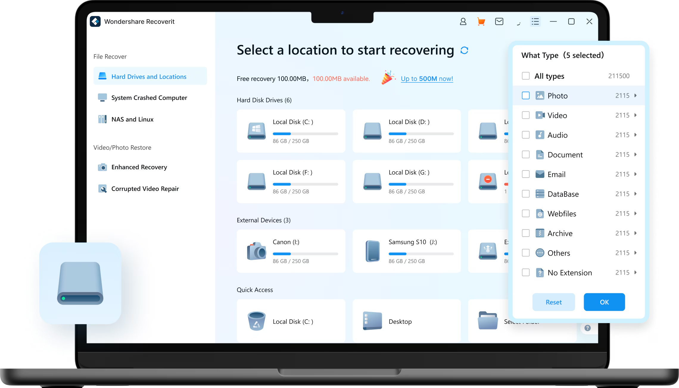 Интерфейс Wondershare Recoverit — пример 1
