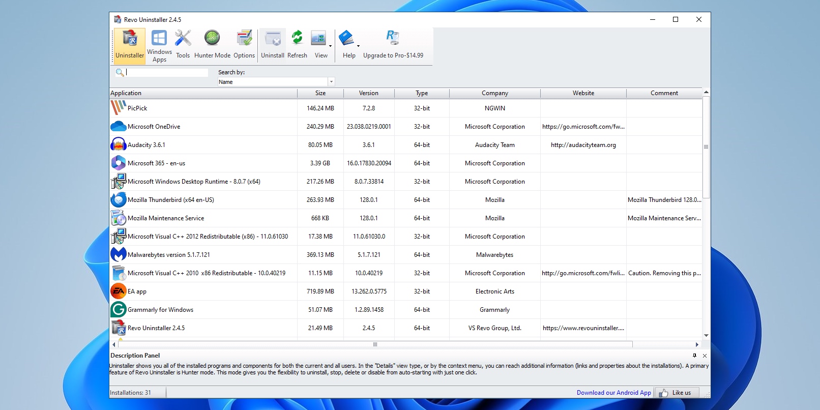 Интерфейс Revo Uninstaller со списком установленных программ