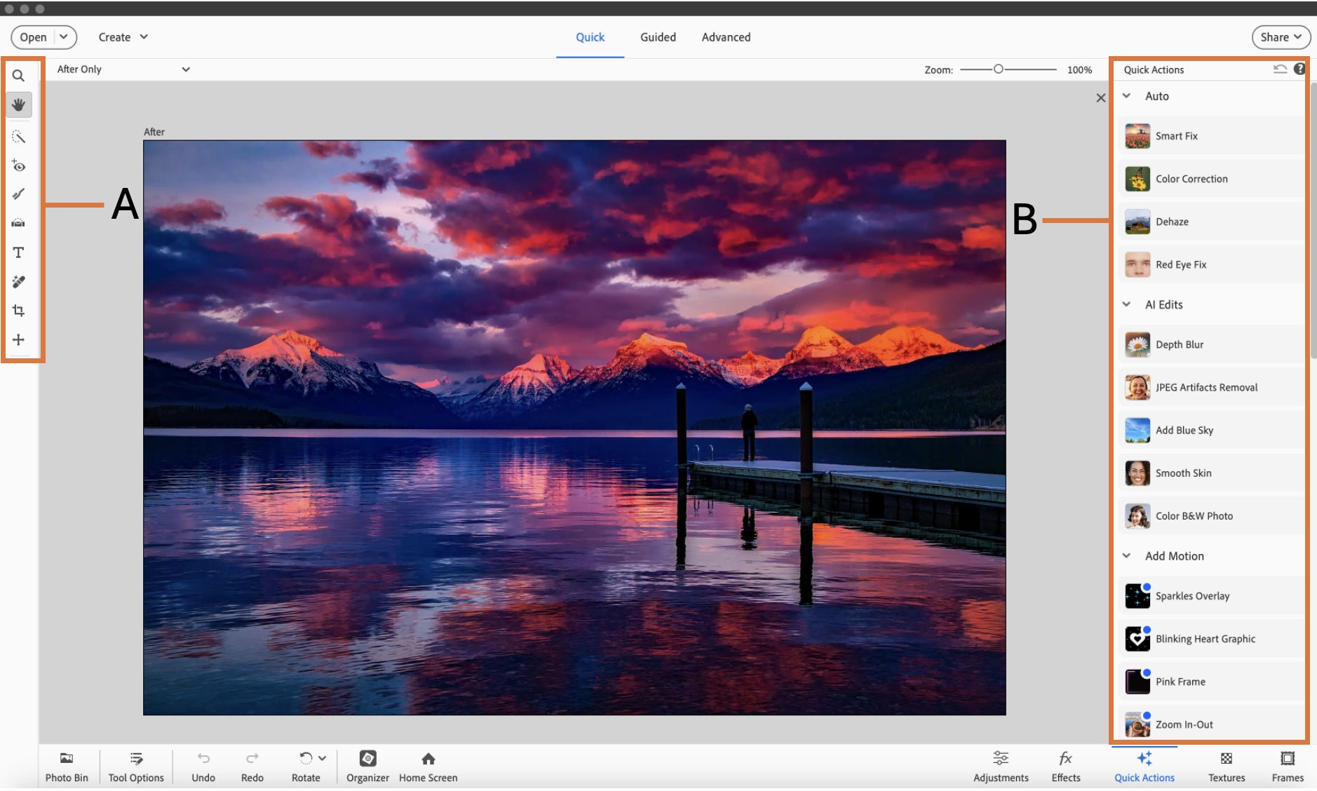 Интерфейс Adobe Photoshop Elements с рабочей фотографией и панелью Quick Actions