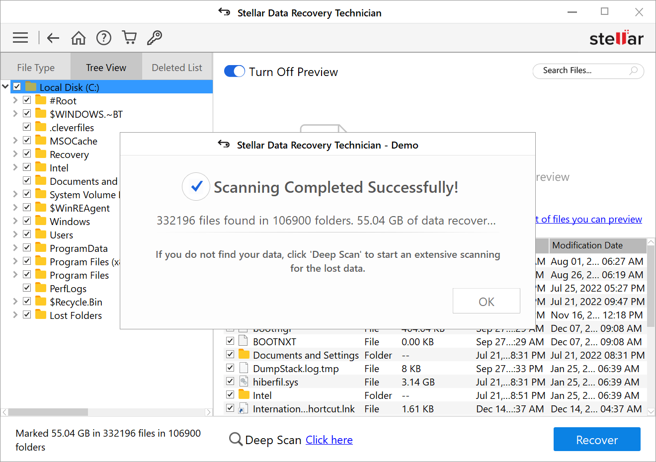 Результаты сканирования в Stellar Data Recovery