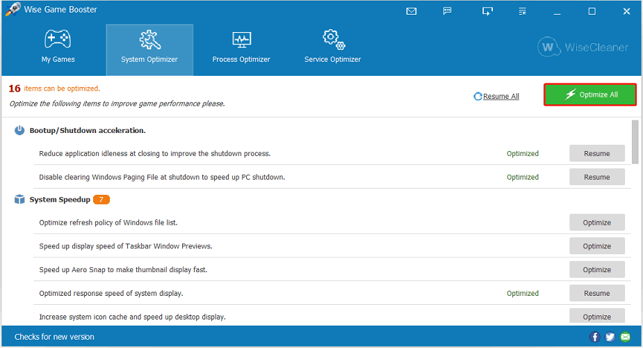 Раздел System Optimizer в Wise Game Booster со списком обратимых изменений