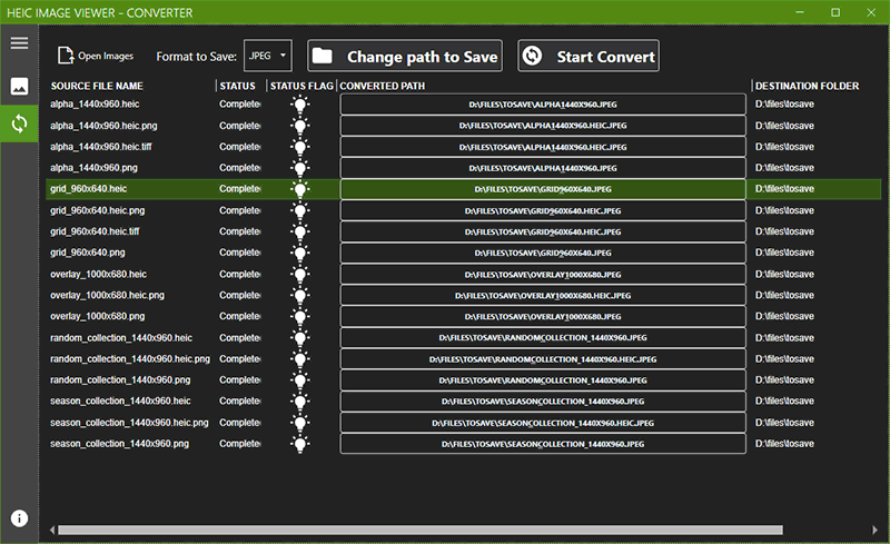 Результат пакетной конвертации в HEIC Viewer X со статусом Complete