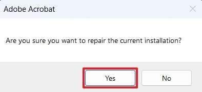 Подтверждение восстановления текущей установки Adobe Acrobat