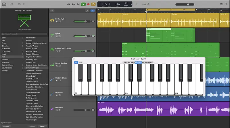 Интерфейс GarageBand с аудиодорожками