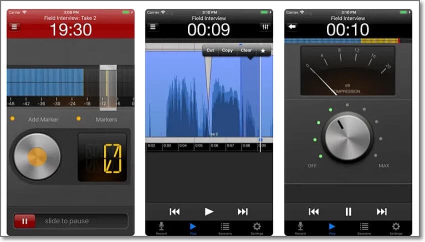 Интерфейс Hindenburg Field Recorder на iPhone