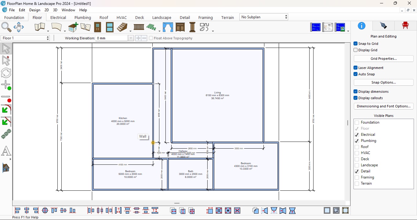 Интерфейс современной линейки FloorPlan с двухмерным планом дома и размерными инструментами