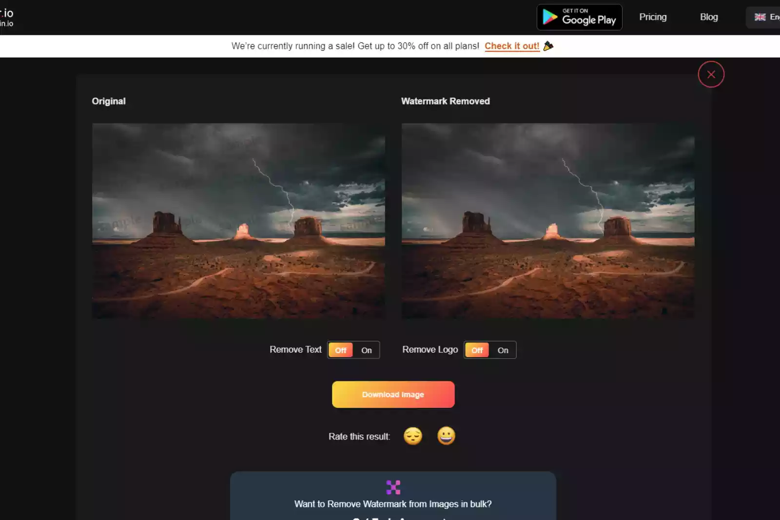 Интерфейс WatermarkRemover.io при удалении нежелательной области