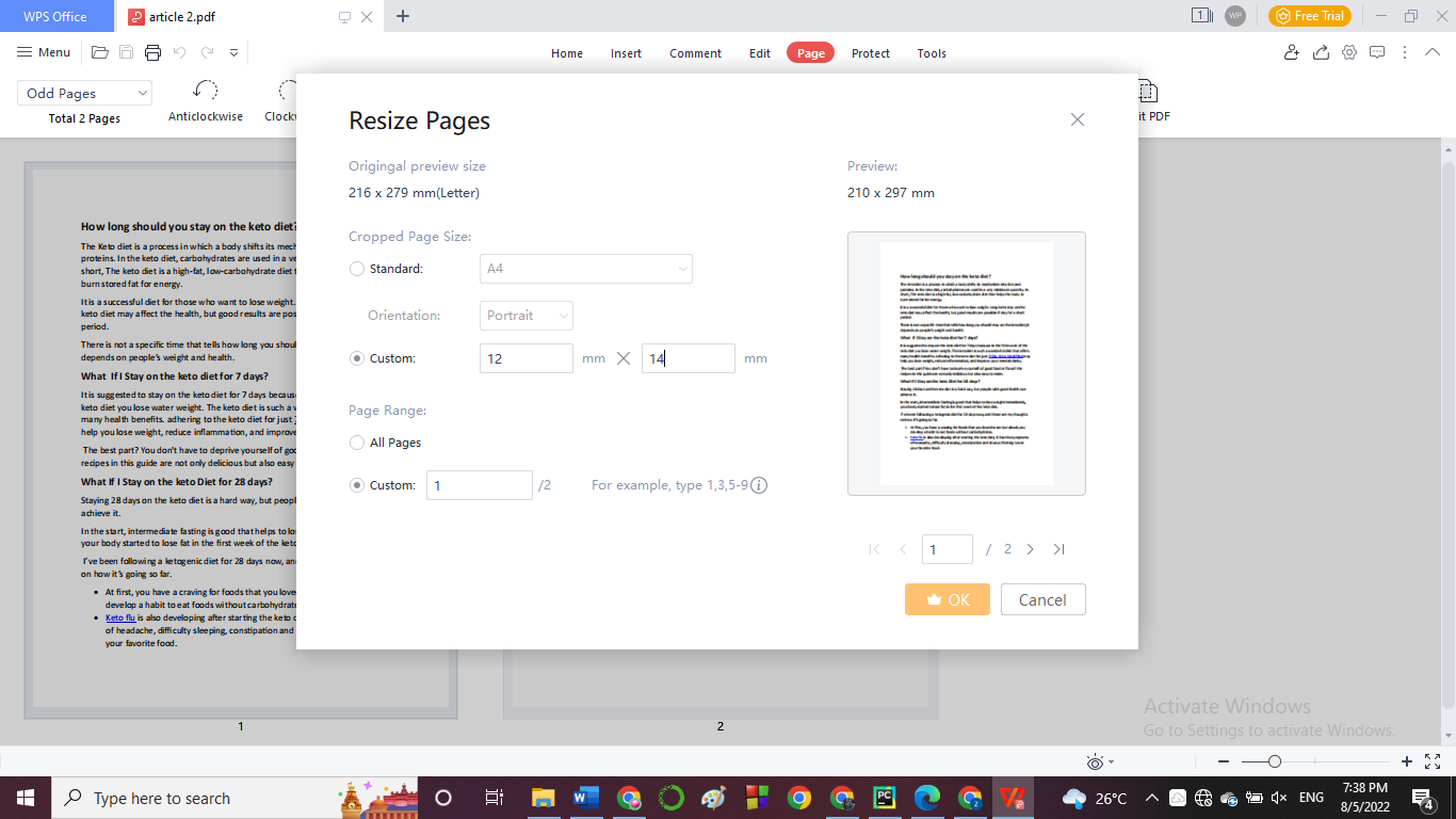 Диалог Resize Pages в WPS Office с A4, Custom и Page Range