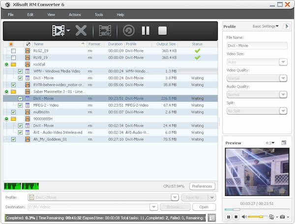 Интерфейс Xilisoft RM Converter с параметрами преобразования