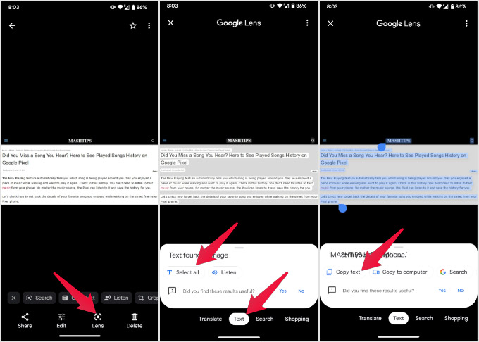 OCR и выделение текста в Google Lens