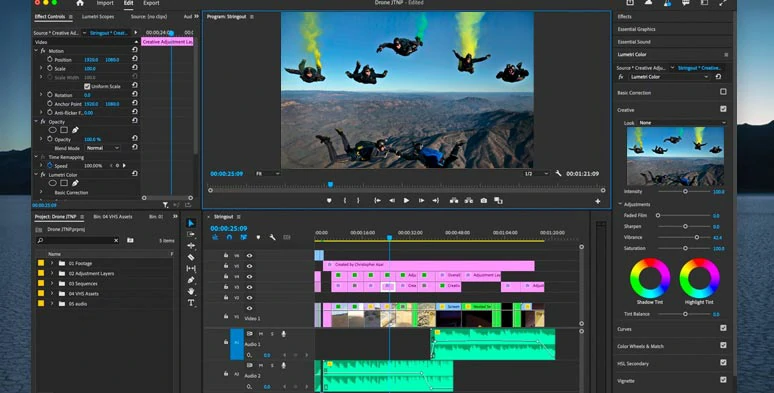 Интерфейс Adobe Premiere Pro с GoPro-подобным action footage на таймлайне