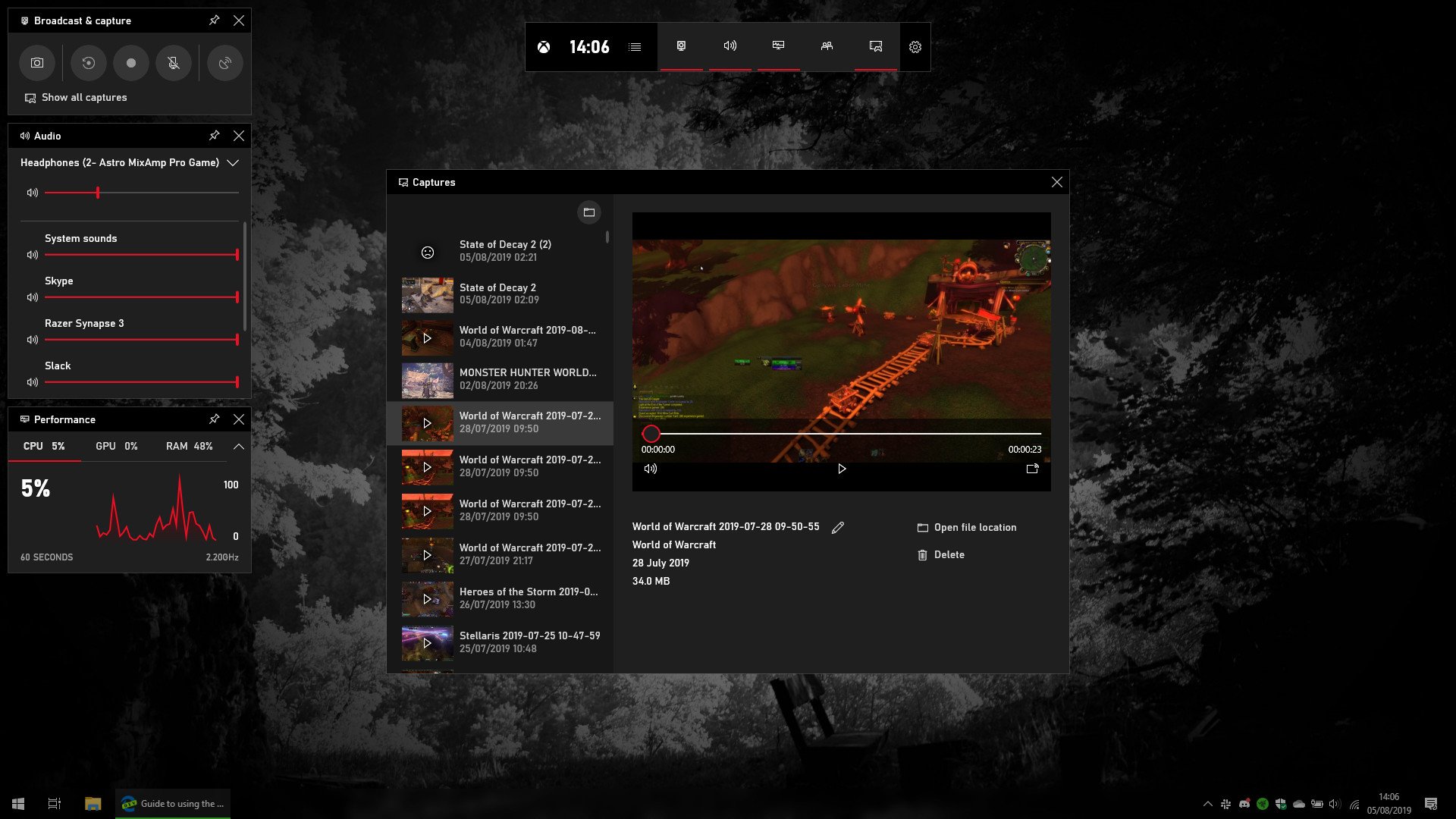 Интерфейс Xbox Game Bar с виджетами Capture, Audio, Performance и Gallery