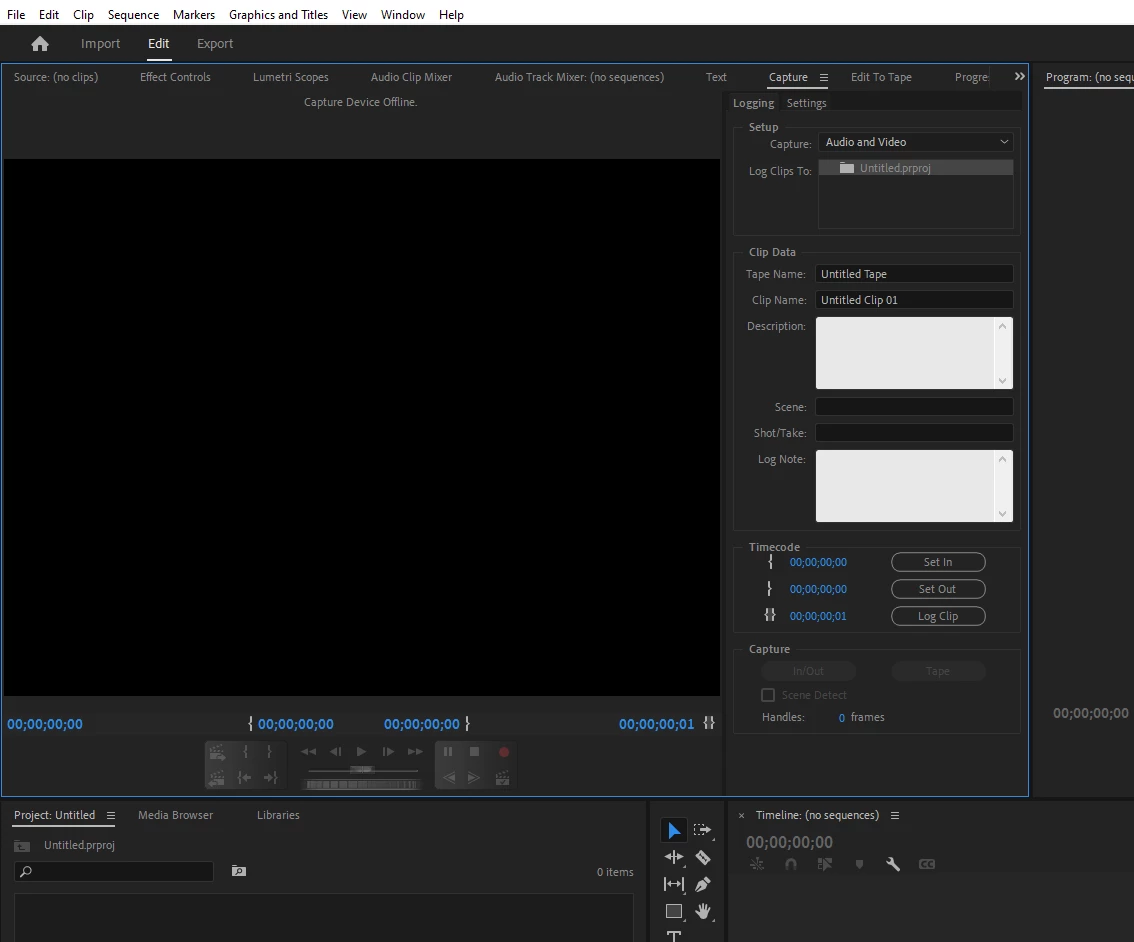 Панель Capture в Adobe Premiere Pro с управлением кассетным захватом