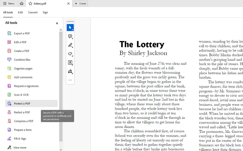 Adobe Acrobat: инструмент Protect a PDF в панели All tools