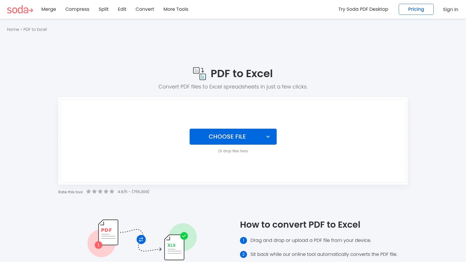 Интерфейс Soda PDF для преобразования PDF в Excel