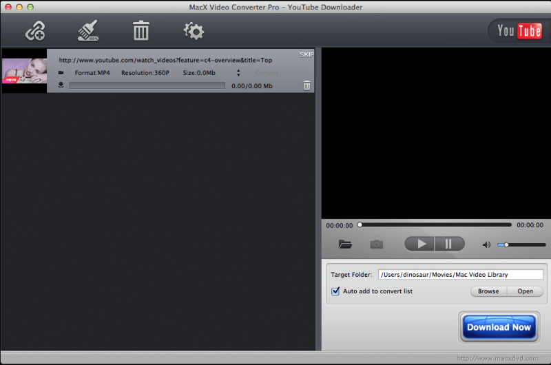 Окно YouTube Downloader в MacX Video Converter Pro с кнопкой Download Now и опцией Auto add to convert list