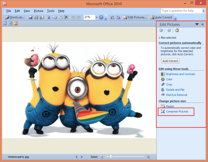 Выбор Compress Pictures на панели Edit Pictures