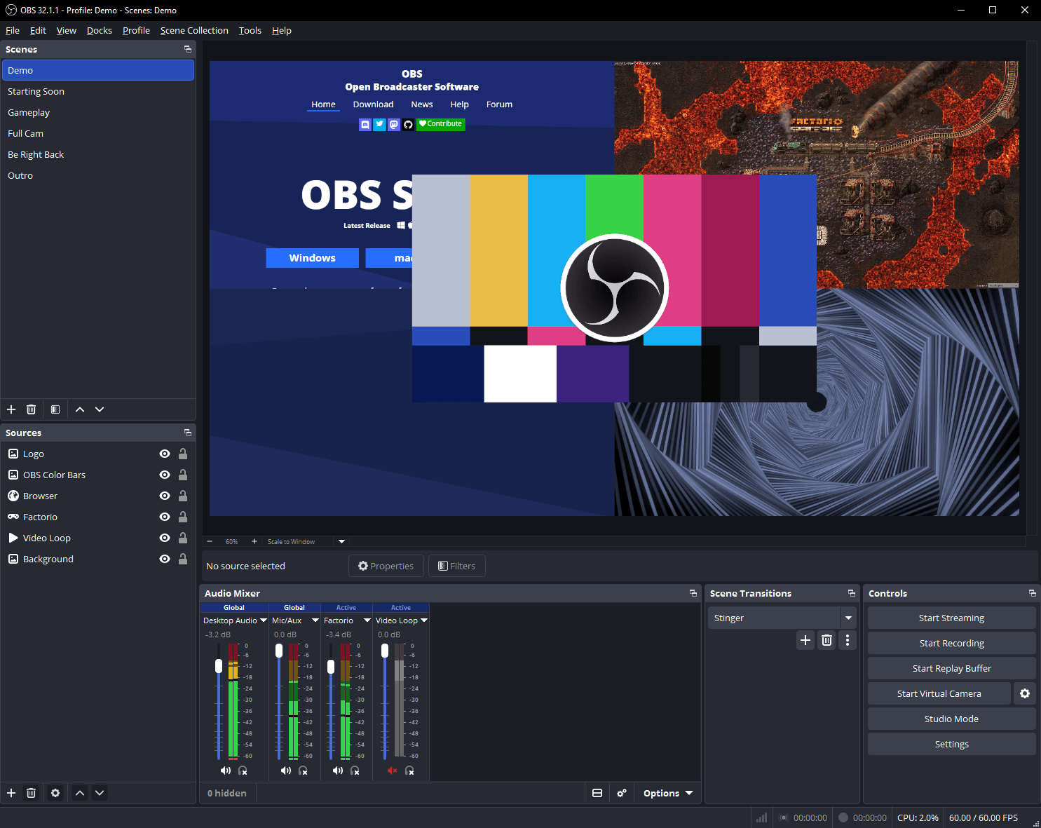Главное окно OBS Studio со сценами, источниками, аудиомикшером и кнопкой записи