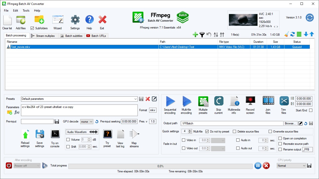 Главное окно FFmpeg Batch AV Converter со списком файлов и панелью Batch processing