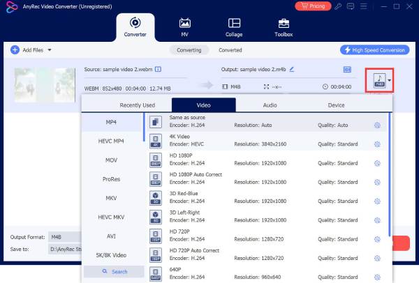 Выбор MP4 в AnyRec Video Converter