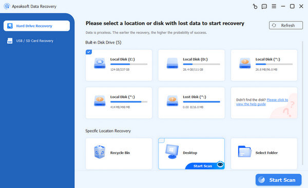 Главный экран Apeaksoft Data Recovery с выбором расположения