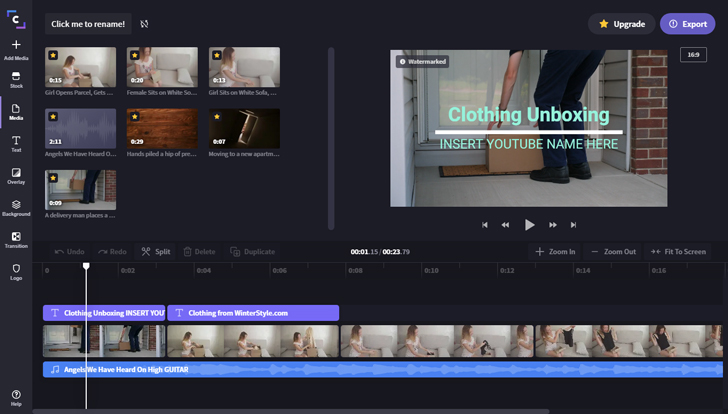Рабочая область Clipchamp с дорожками видео и звука