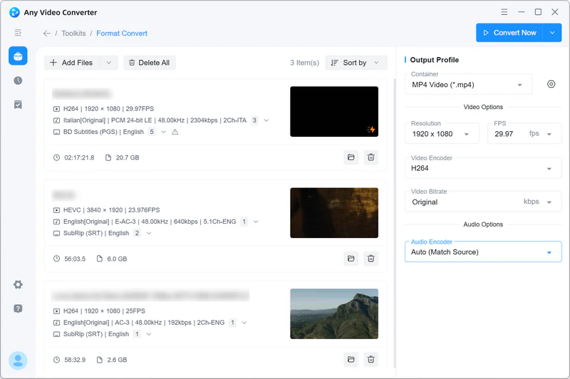 Выбор MP4 и параметров видео в Any Video Converter