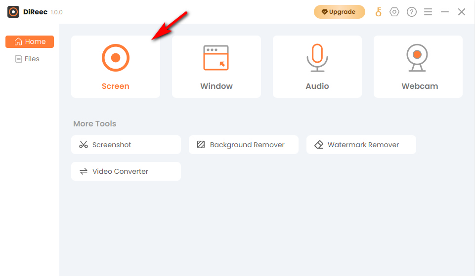 Главное окно DiReec с режимами Screen, Window, Audio и Webcam