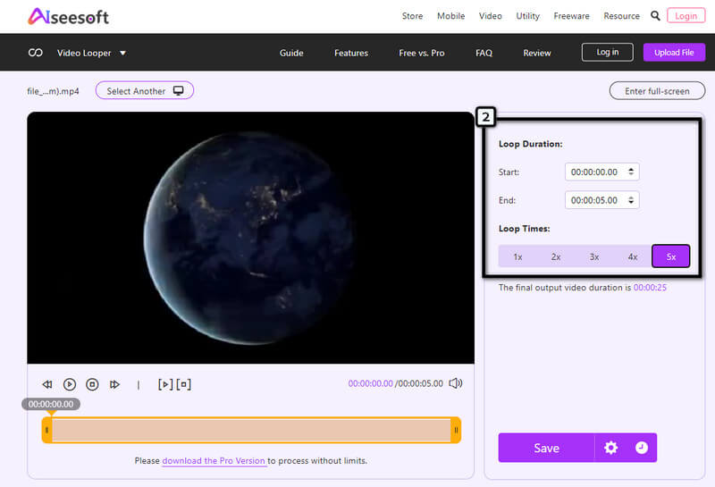 Aiseesoft Video Looper: настройки Loop Duration и Loop Times