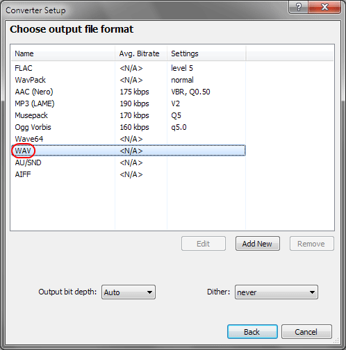 Окно Output format в foobar2000 с выбранным WAV и настройкой Output bit depth
