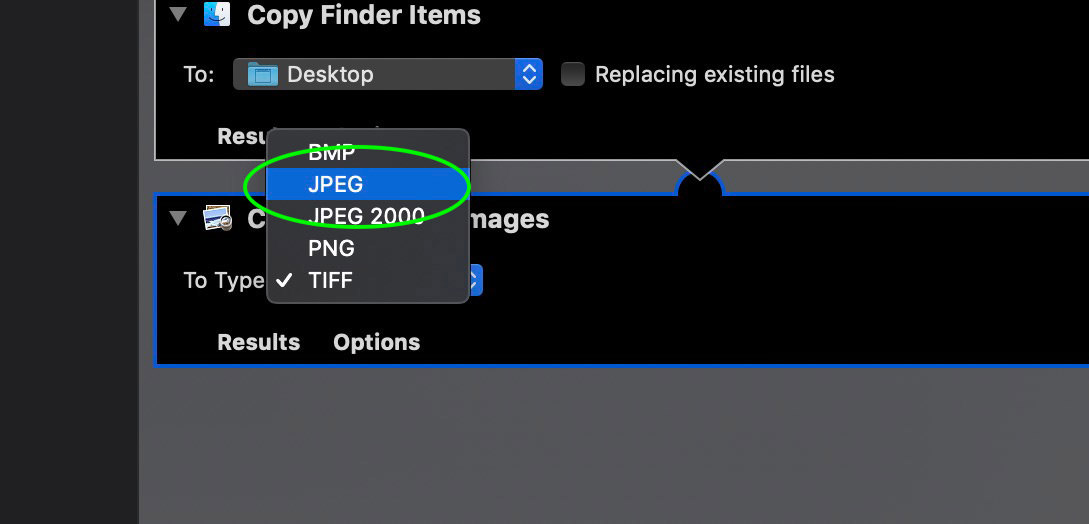Выбор JPEG в действии Change Type of Images в Automator
