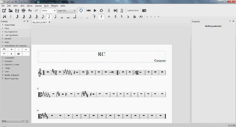 Рабочее окно MuseScore с нотным станом и панелями