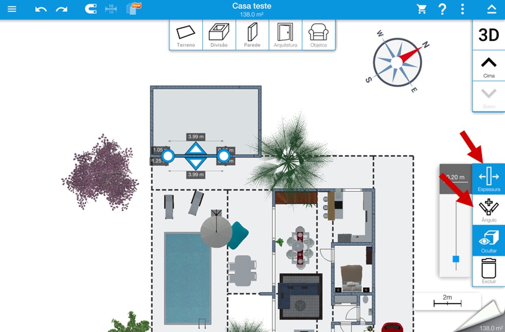 Интерфейс Home Design 3D с планом дома, объектами участка и числовыми параметрами стены