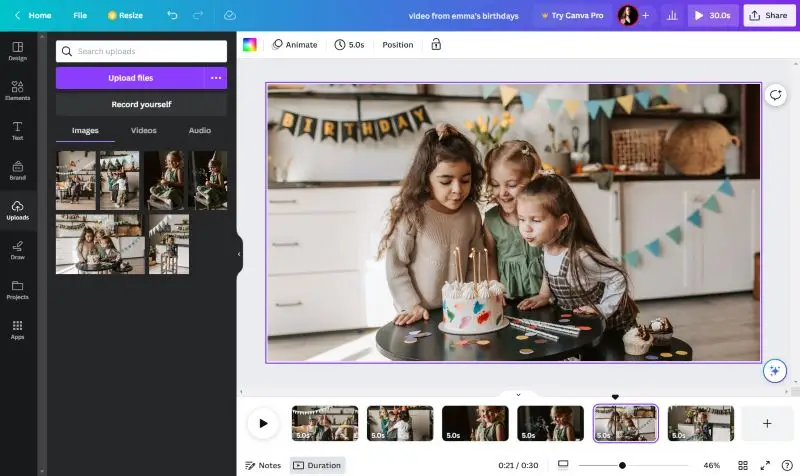 Интерфейс Canva Video Editor при создании ролика из фотографий