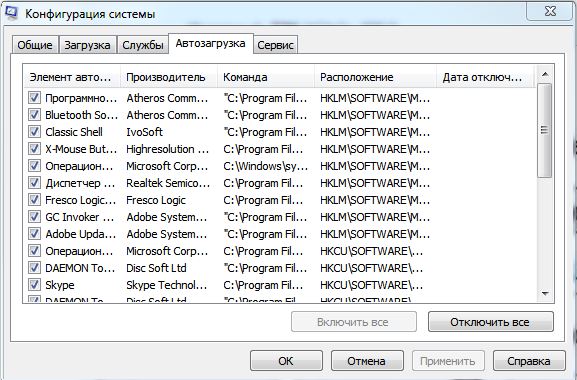 Вкладка Автозагрузка программы msconfig в Windows 7