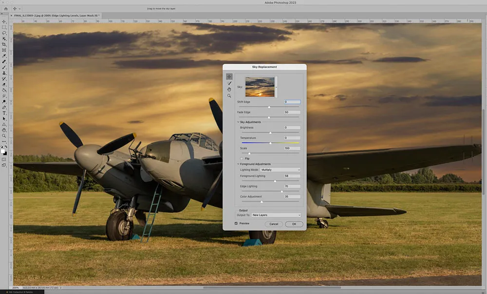 Интерфейс замены неба в Photoshop