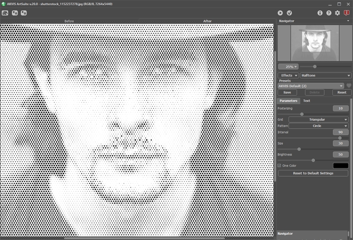 Окно AKVIS ArtSuite с выбранным эффектом Halftone