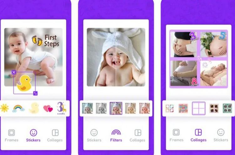 Интерфейс Baby Photo Editor с рамками, стикерами, фильтрами и коллажами
