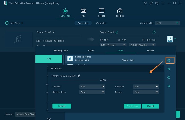 Окно настройки Audio Bitrate, Sample Rate и Channels в VideoSolo
