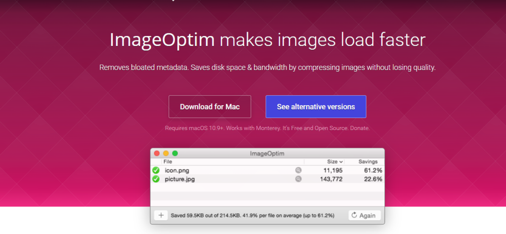 Интерфейс ImageOptim для локальной оптимизации изображений