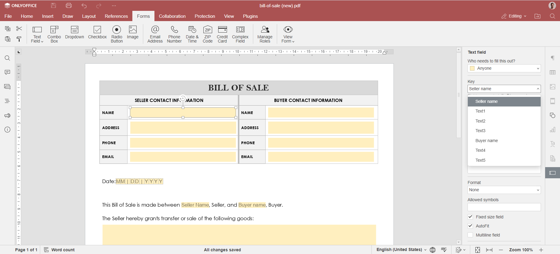 Работа с PDF-формой в ONLYOFFICE