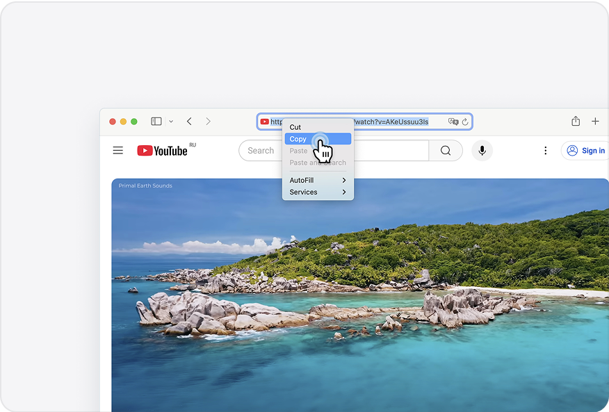 Копирование адреса YouTube перед добавлением в 4K Video Downloader Plus