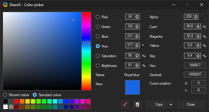 Окно Color picker в ShareX с RGB, Hue, Saturation, Brightness, Hex и палитрой цветов