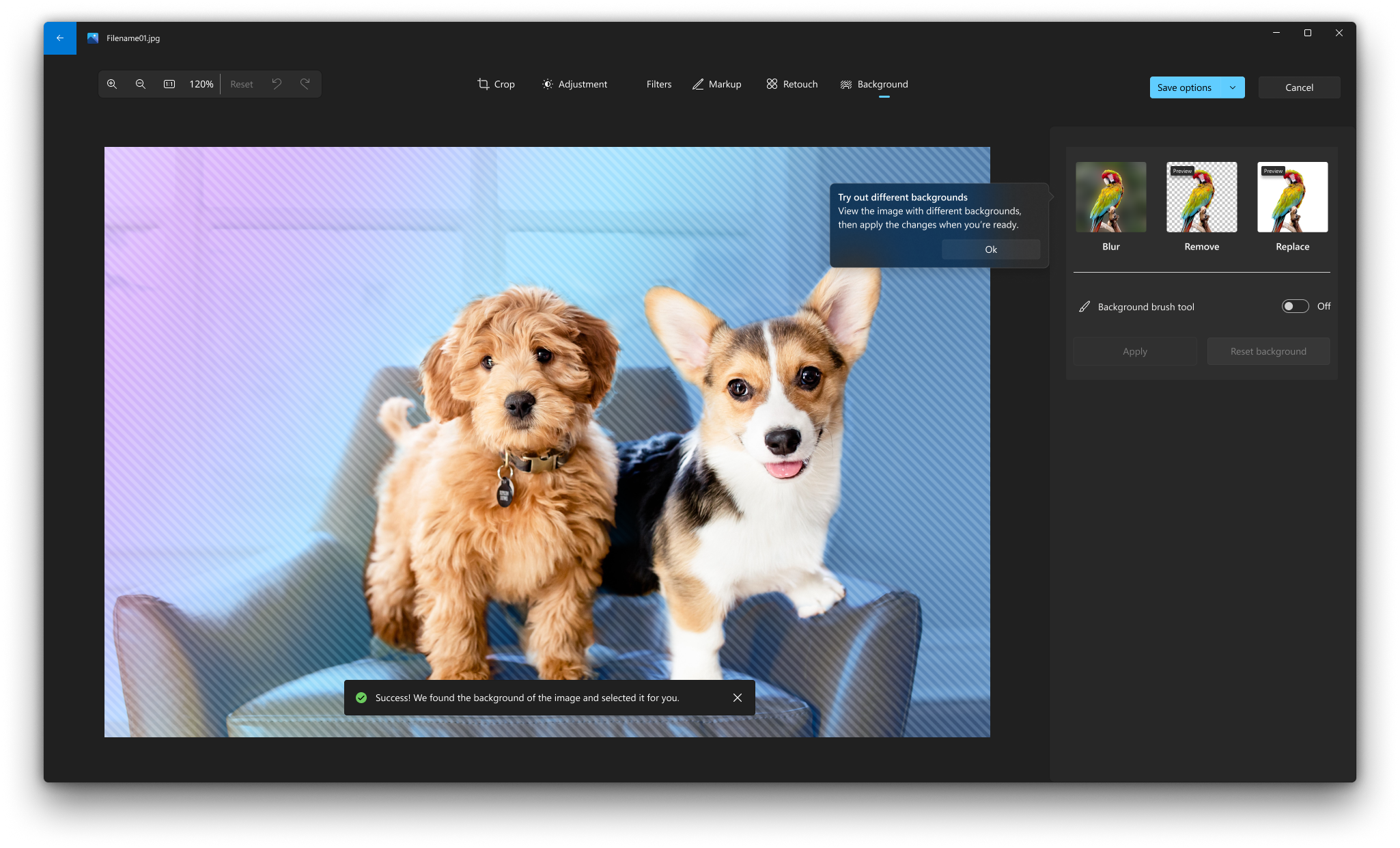 Панель Background с режимами Blur, Remove и Replace в приложении Windows Photos