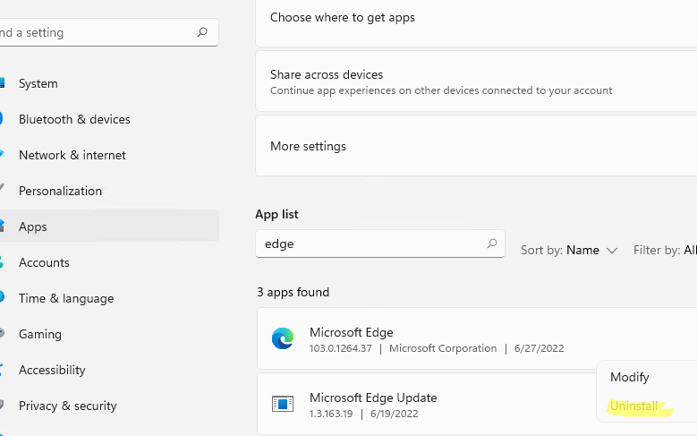 Неактивная команда удаления Microsoft Edge в старом интерфейсе Windows 11