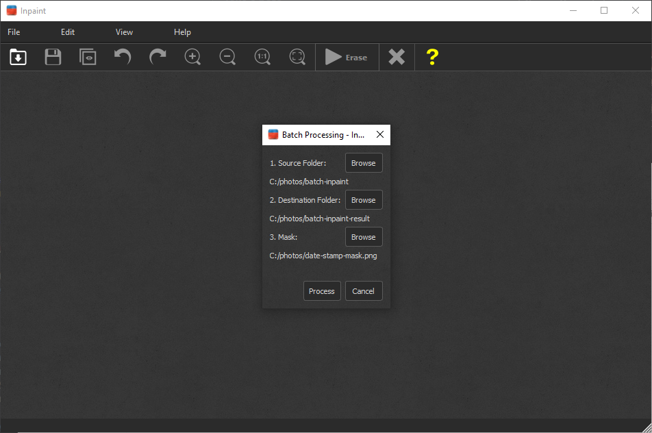 Окно Batch Processing в Inpaint
