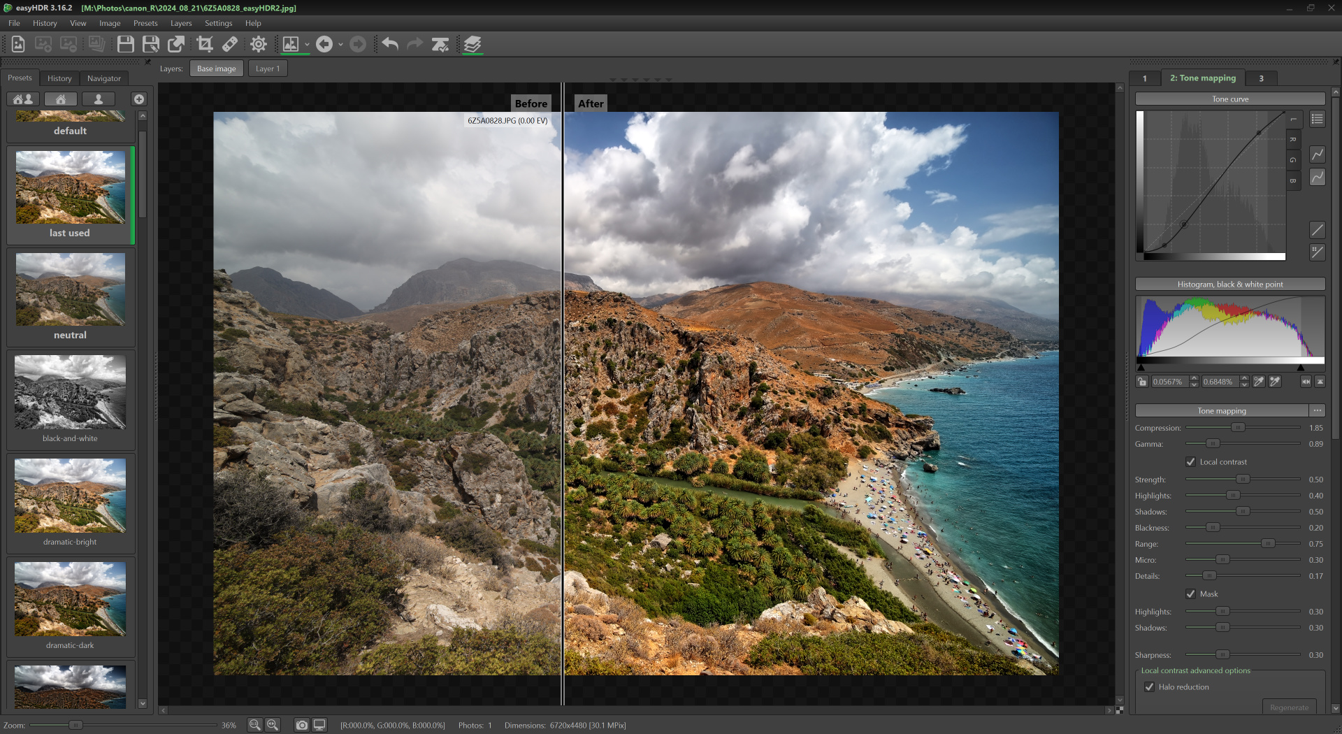 Интерфейс EasyHDR 3 с режимом Before/After и панелями tone mapping