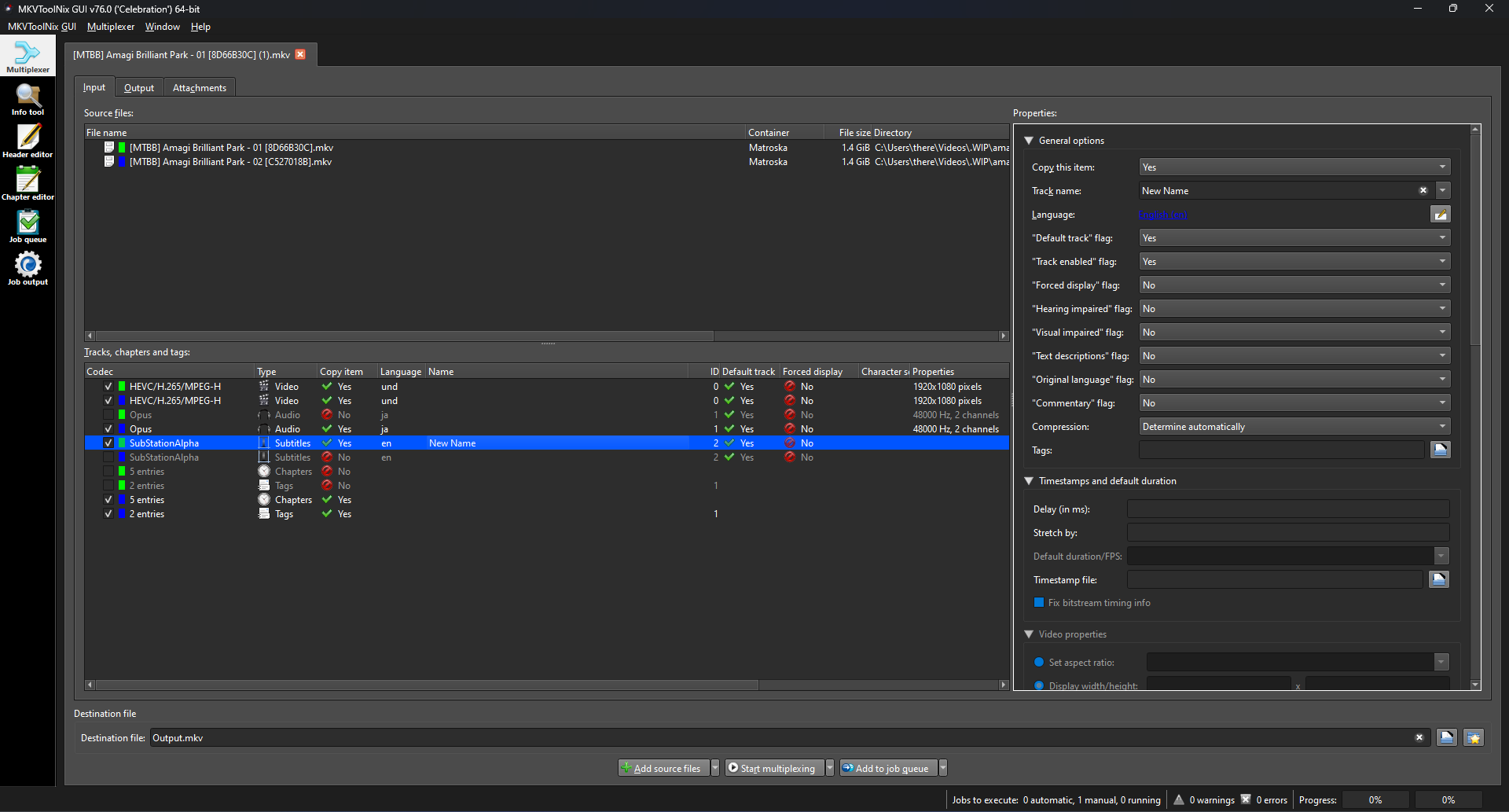 MKVToolNix GUI со списком дорожек контейнера Matroska
