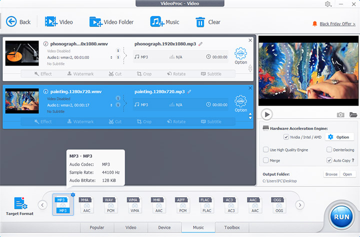 WMV-файлы и профиль MP3 в VideoProc Converter